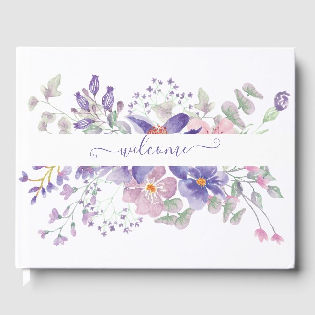 Rosa und lila Aquarellblumen personalisiert Gästebuch (Vorderseite)