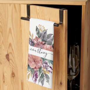 Rosa und lila Aquarellblumen personalisiert Geschirrtuch