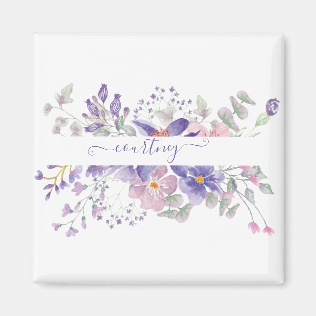 Rosa und lila Aquarellblumen personalisiert Magnet (Vorne)