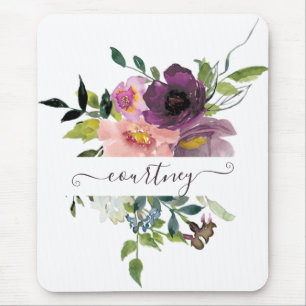 Rosa und lila Aquarellblumen personalisiert Mousepad
