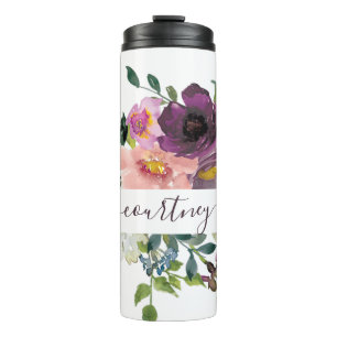 Rosa und lila Aquarellblumen personalisiert Thermosbecher