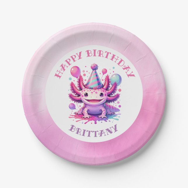 Rosa und Lila Axolotl Girl's Birthday Party Pappteller (Vorderseite)