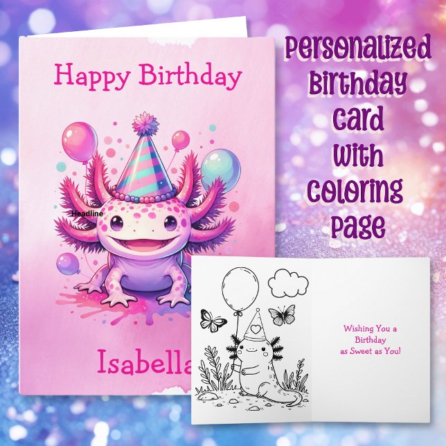 Rosa und Lila Axolotl Personalisierter Geburtstag Karte (Von Creator hochgeladen)