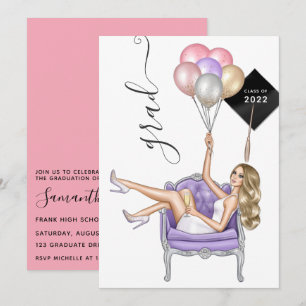 Rosa und lila Blondhaarige Ballonmädchen-Abschluss Einladung