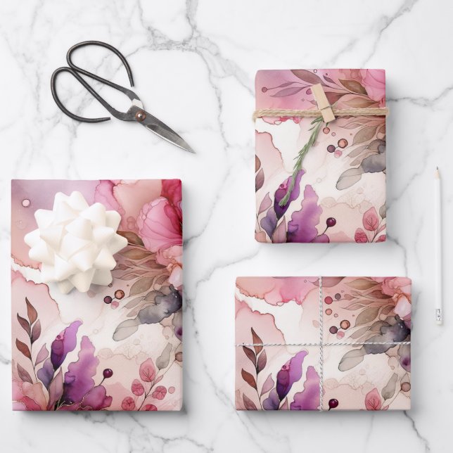 Rosa und Lila Blume Alkohol Tinte Großdruck Geschenkpapier Set (Vorderseite)