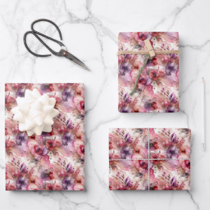 Rosa und Lila Blume Alkohol Tinte Kleine Druckfarb Geschenkpapier Set