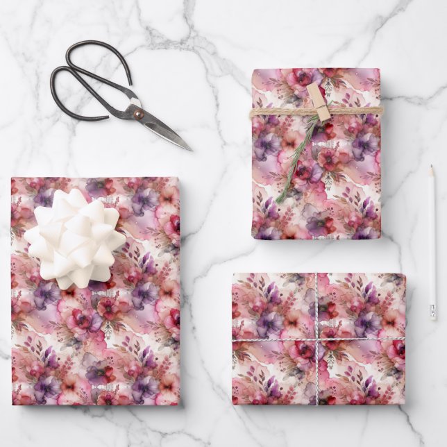 Rosa und Lila Blume Alkohol Tinte Kleine Druckfarb Geschenkpapier Set (Vorderseite)