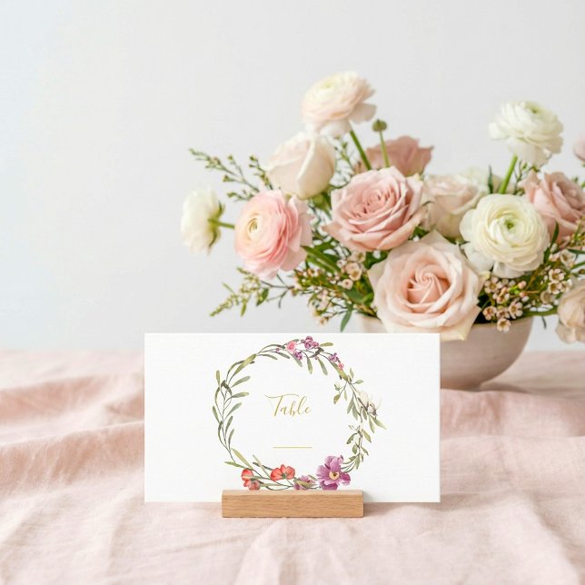 Rosa und lila Blume Kranz Tischnummer Platzkarte (Pink and purple flower wreath table number place card.)