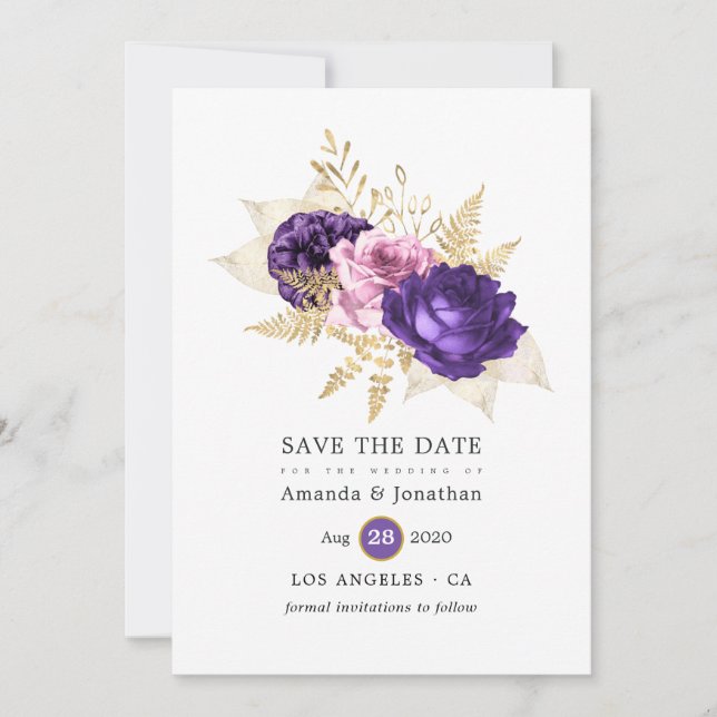 Rosa und Lila Blumenhochzeit Save The Date (Vorderseite)