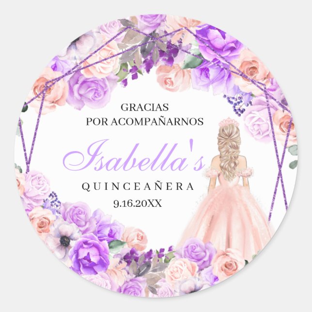 Rosa und Lila Blumenquinceanera Klassischer Rundga Runder Aufkleber (Vorderseite)
