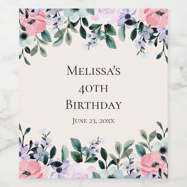 Rosa und Lila Blumenrinde Geburtstag Weinetikett (Einzelnes Label)