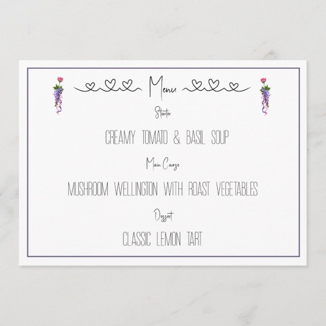Rosa und lila Blüten Menükarte (Vorderseite)