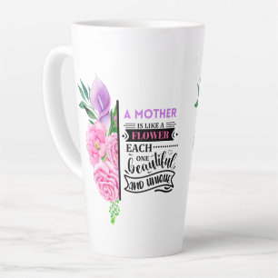 Rosa und lila Blüten mit Zitat Milchtasse