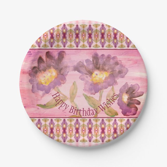 Rosa und Lila Blüten Pappteller (Vorderseite)