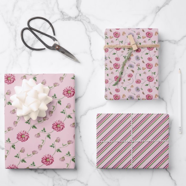 Rosa und Lila Blütenpflanze Geschenkpapier Set (Vorderseite)
