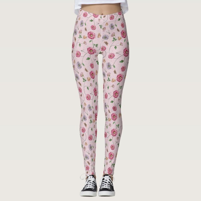 Rosa und Lila Blütenpflanze Leggings (Vorderseite)