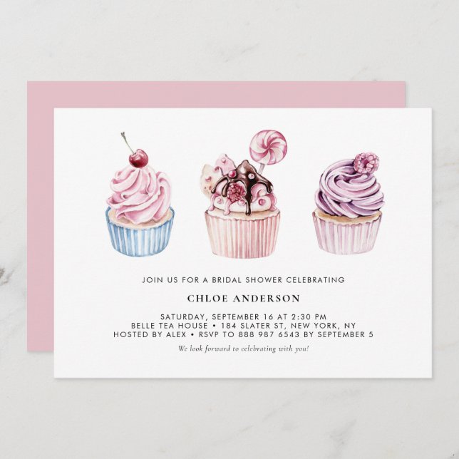 Rosa und Lila Brautparty Cupcakes Einladung (Vorne/Hinten)