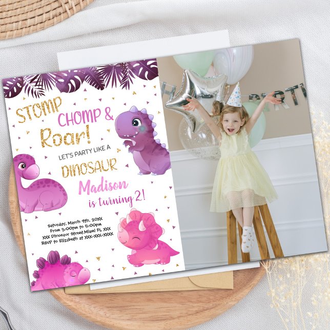 Rosa und Lila Dinosaurier Einladung zum Geburtstag (Pink Purple Dinosaur Birthday Invitations w photo)