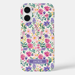 Rosa und lila Ditsy-Blumen monogrammiert iPhone 16 Hülle