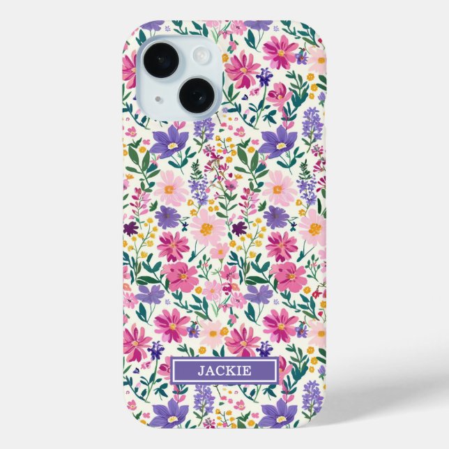 Rosa und lila Ditsy Blumen monogrammiert Case-Mate iPhone Hülle (Rückseite)