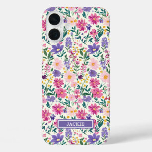 Rosa und lila Ditsy-Blumen monogrammiert iPhone 16 Plus Hülle