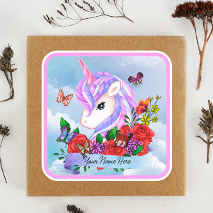 Rosa und lila Einhorn mit rote Rosen Quadratischer Aufkleber