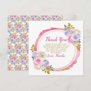 Rosa und Lila elegante Blume 16 . Geburtstag Dankeskarte