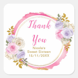 Rosa und lila elegante Blumen Sweet Sixteen Quadratischer Aufkleber
