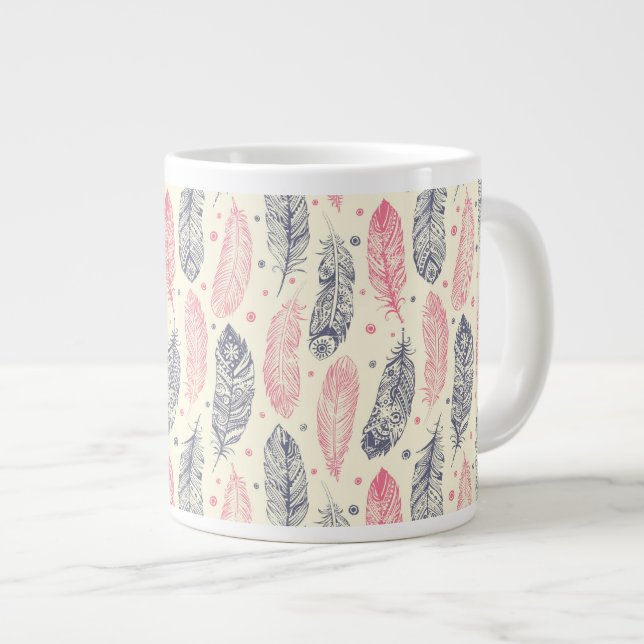 rosa und Lila Ethnic Fether-Muster Jumbo-Tasse (Vorderseite Rechts)