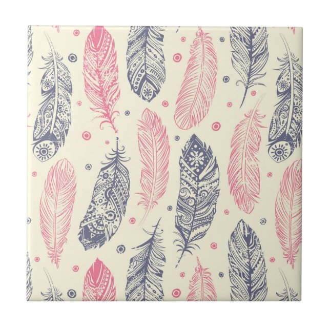 Rosa und lila ethnisches Feder-Muster Fliese (Vorderseite)