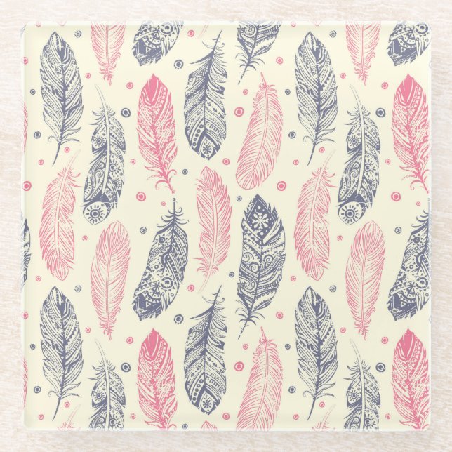 Rosa und lila ethnisches Feder-Muster Glasuntersetzer (Vorderseite)