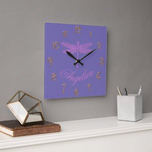 Rosa und Lila Fantasy-Libelle Quadratische Wanduhr