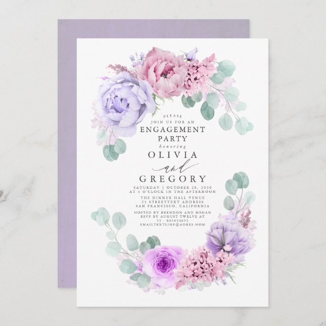 Rosa und Lila florale Elegante Engagement Party Einladung (Vorne/Hinten)