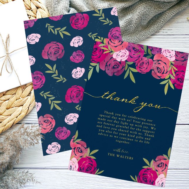 Rosa und Lila florale Rose Blätter Blaue Hochzeit Dankeskarte (Von Creator hochgeladen)