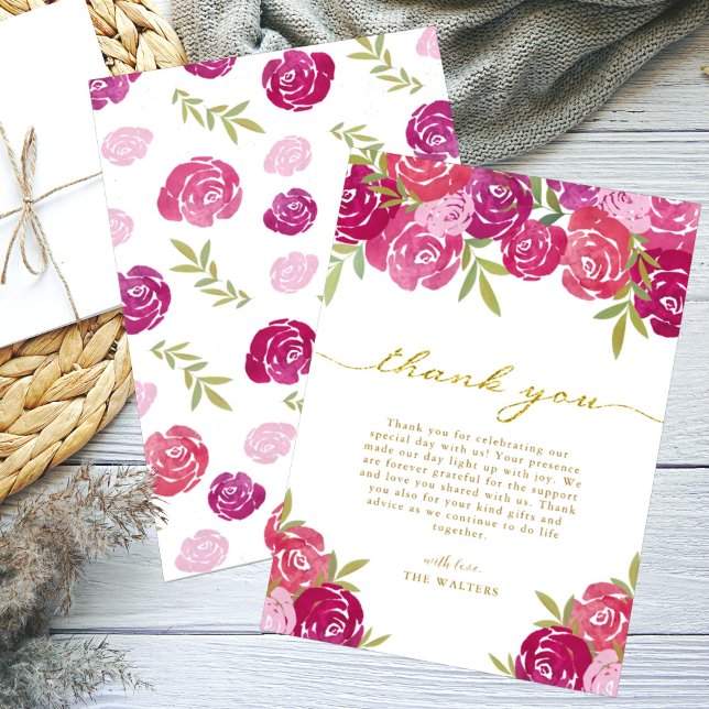 Rosa und Lila florale Rose Blätter Weiße Hochzeit Dankeskarte (Von Creator hochgeladen)