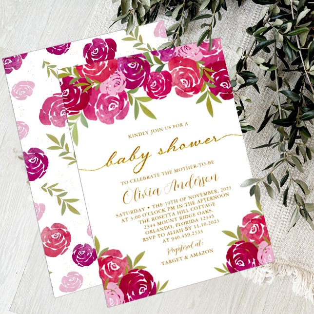 Rosa und Lila florale Rose Kindermädchendusche Einladung (Von Creator hochgeladen)