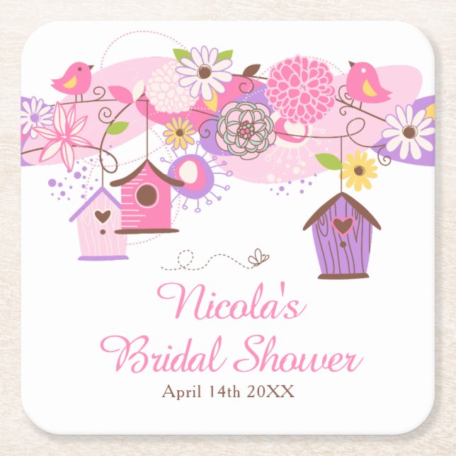 Rosa und lila florale Vogelkäfige Brautdusche Rechteckiger Pappuntersetzer (Vorderseite)