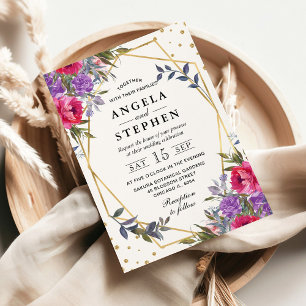 Rosa und lila Frühlingsblumen Goldrahmen Hochzeit Einladung