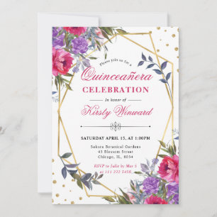 Rosa und lila Frühlingsblumenrahmen Quinceanera Einladung