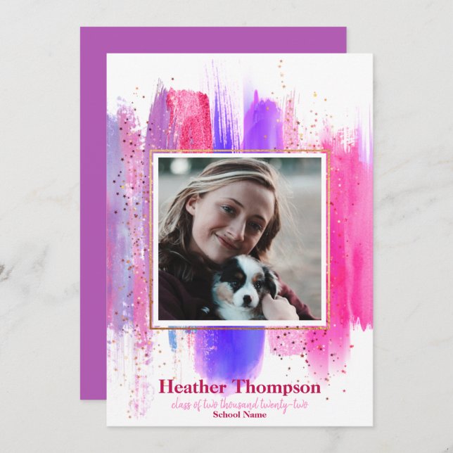 Rosa und Lila gestrichene Glitzer Glitzern Abschlu Einladung (Vorne/Hinten)