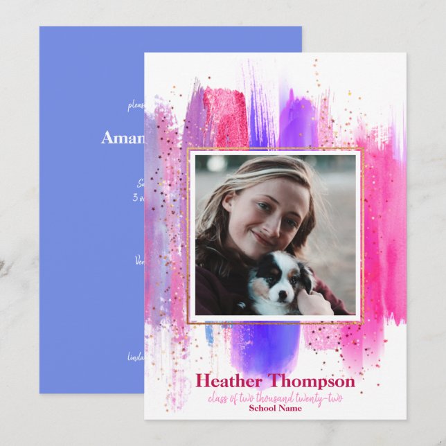 Rosa und Lila gestrichene Glitzer Glitzern Abschlu Einladung (Vorne/Hinten)