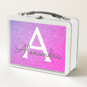 Rosa und Lila Glitzer- und Sparkronmonogramm Metall Brotdose