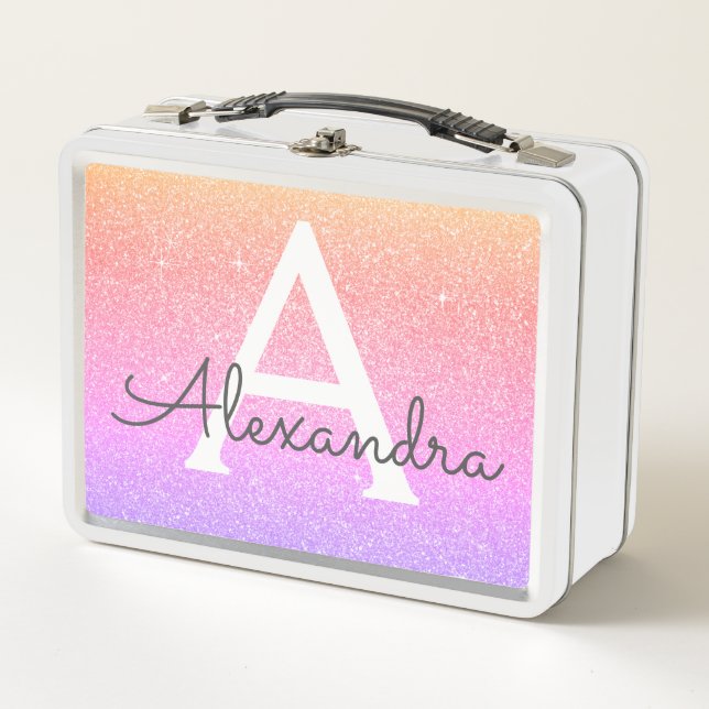 Rosa und Lila Glitzer- und Sparkronmonogramm Metall Brotdose (Vorderseite)