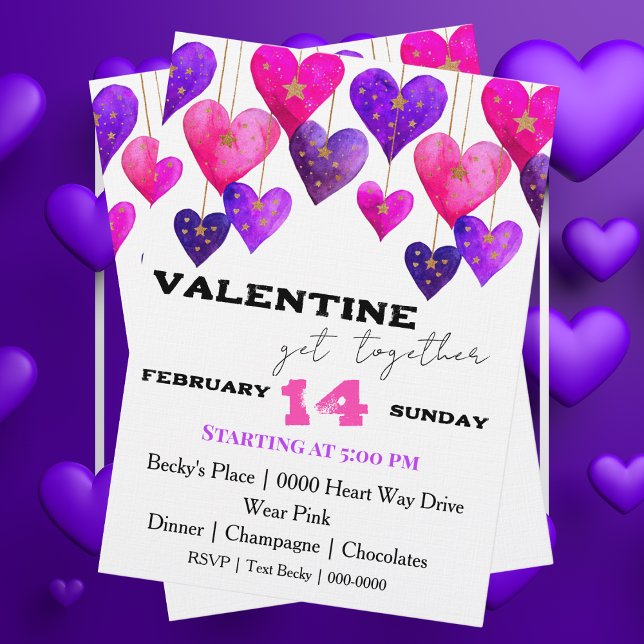 Rosa und lila Herzen Valentinstag Einladung (Cute pink and purple Valentines Day Hearts customizable party invitation
)