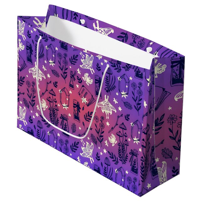 Rosa und Lila Hexerei Große Geschenktüte (Vorderseite Schrägansicht)
