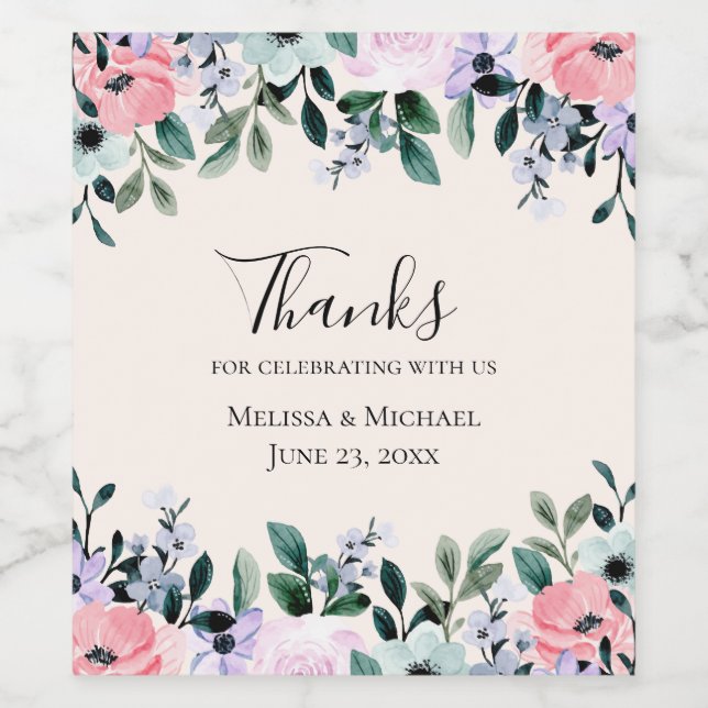 Rosa und Lila Hochzeit mit floralen Wasserfarben Weinetikett (Einzelnes Label)