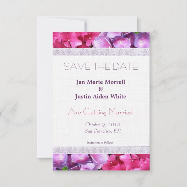 Rosa und Lila Hydrangea-Hochzeitsankündigung Save The Date (Vorderseite)