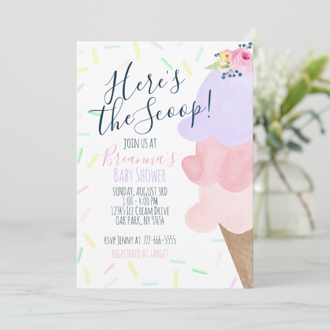Rosa und Lila Ice Creme Cone Babydusche Einladung (Stehend Vorderseite)