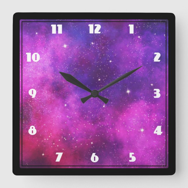 Rosa und Lila Imitate "Space & Stars" Galaxie Quadratische Wanduhr (Vorderseite)