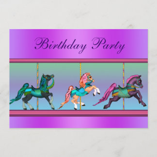 Rosa und Lila Karussell Pony Geburtstagsparty Einladung